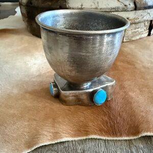 Vintage Silver Metal Cup with Faux Turquoise Accents